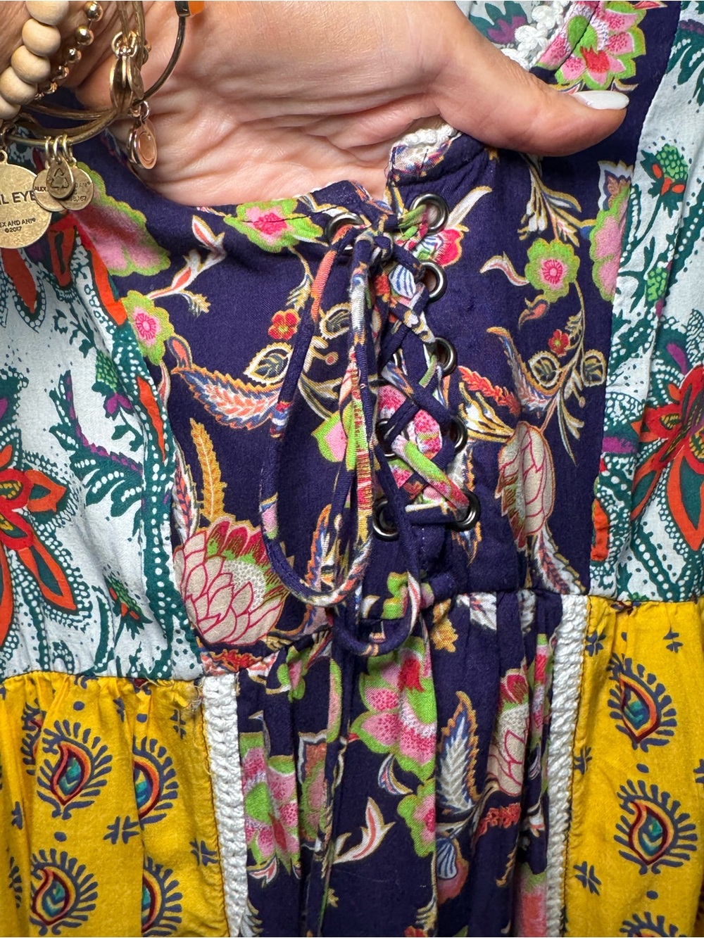 ▫️🌞🌀 Anthropologie Patchwork Floral Mini Dress in Navy, Yellow, White 🌀🌞▫️ - Picture 7 of 8